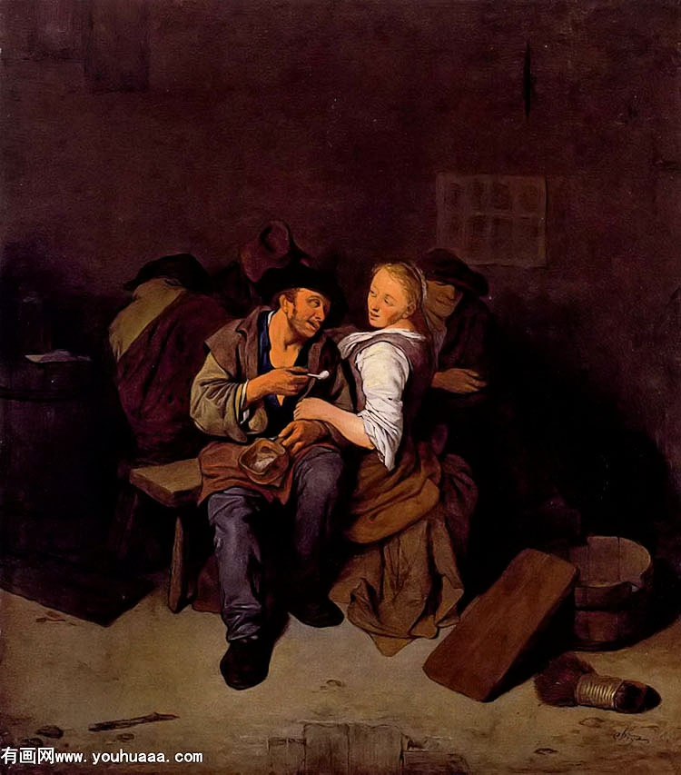 an amorous couple in a tavern