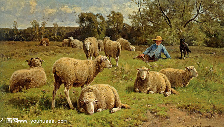 a shepherd and his dog guarding a flock of sheep