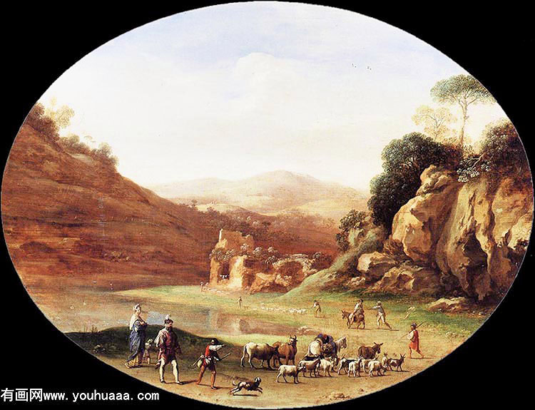 valley with ruins and figures