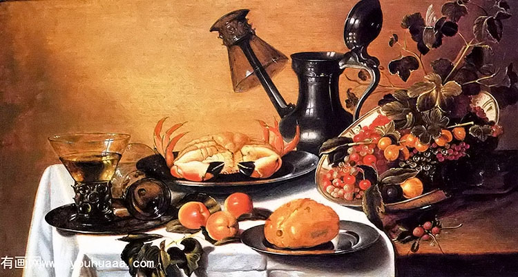 :ˮзˮ޿ڴľƱ - still life of fruit with crab, overturned roehmer on spout of jug