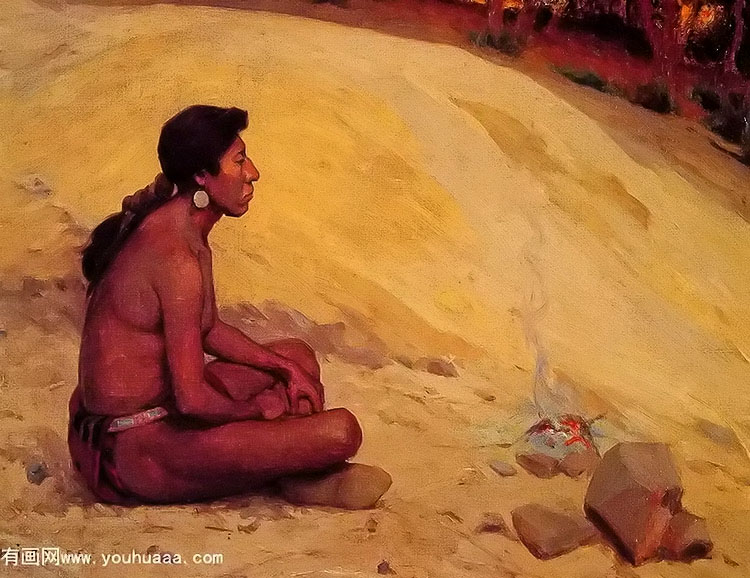 indian seated by a campfire