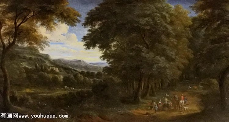 a wooded landscape with horsemen greeting travelers