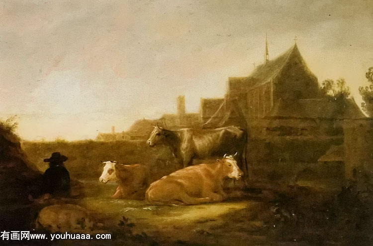 Ұеĳ - a herdsman and town in a field with the duitsche huis and mariakerk utrecht beyond