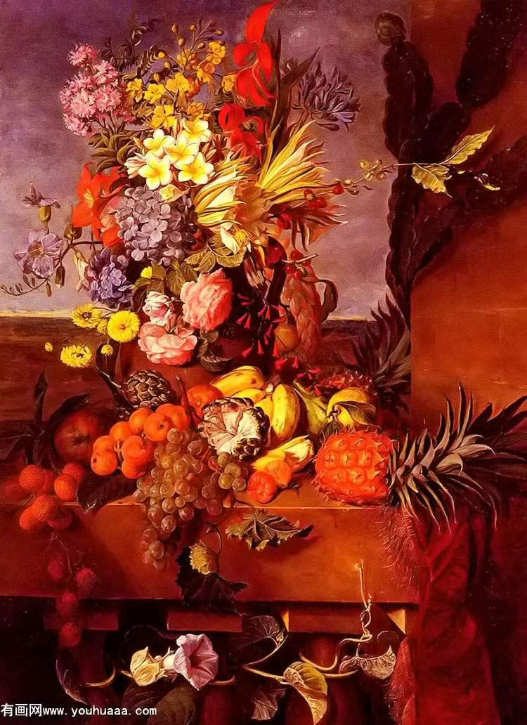 vase de fleurs et fruits exotiques sur une balustrade