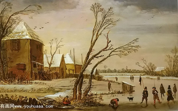 a winter landscape with skaters on a frozen river