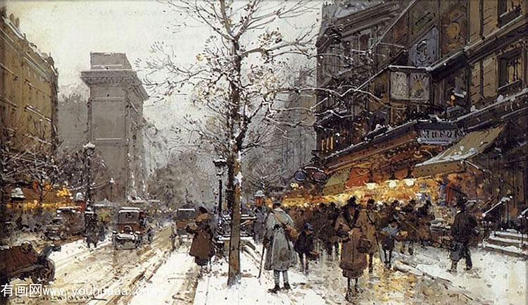 a busy boulavard under snow at porte st. martin, paris