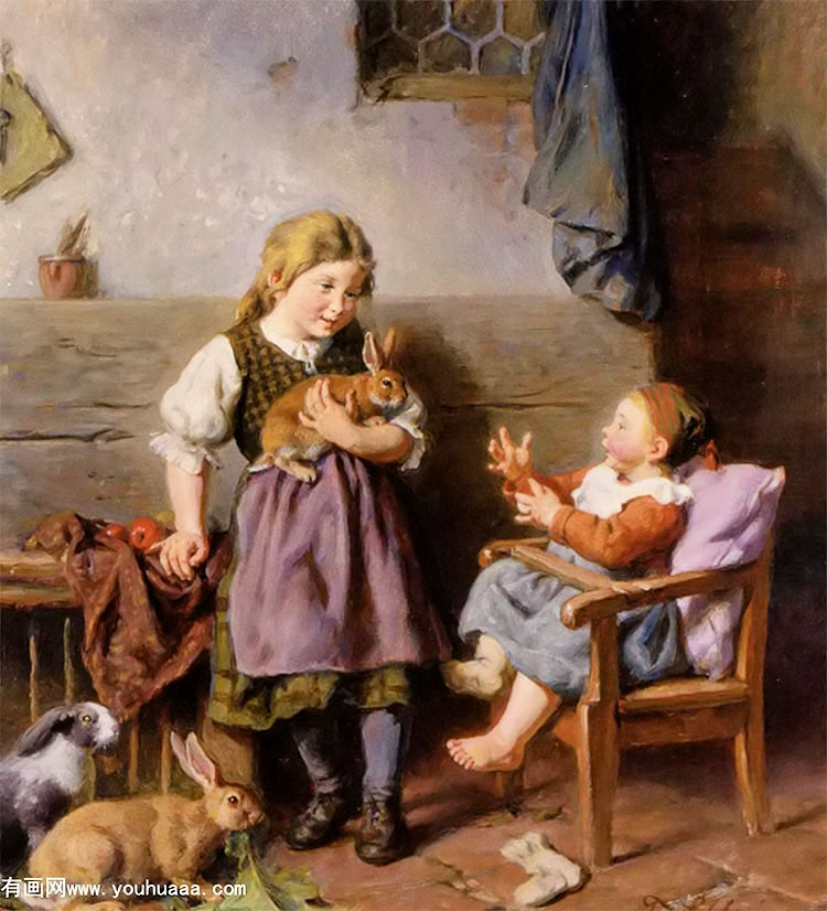 schlesinger felix children playing with rabbits oil on board