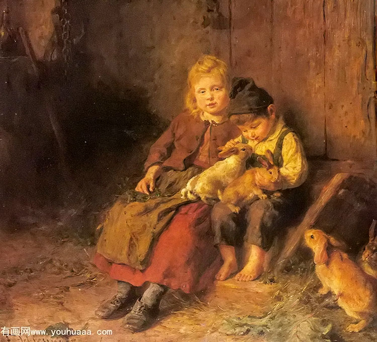 two children playing with rabbits