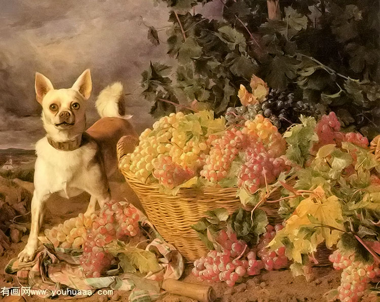 a dog by a basket of grapes in a landscape