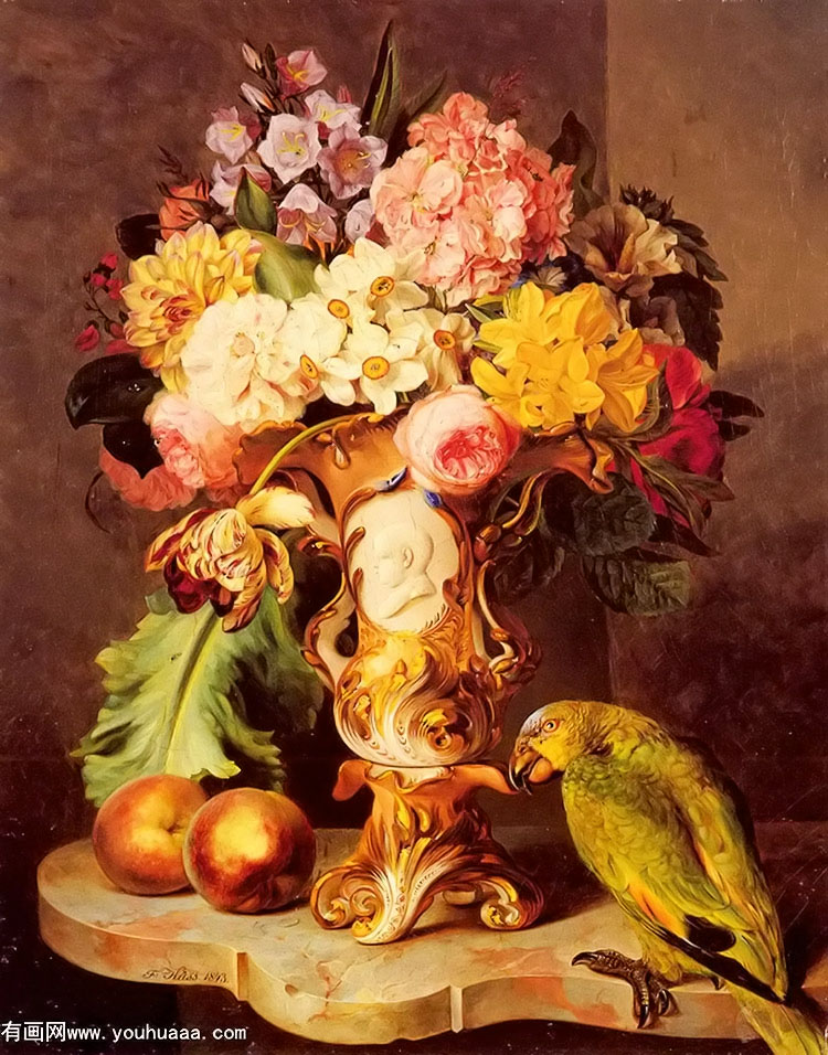 :ʯ̨ϣƿʻ - a still life with a vase of assorted flowers, peaches and a parrot on a marble ledge