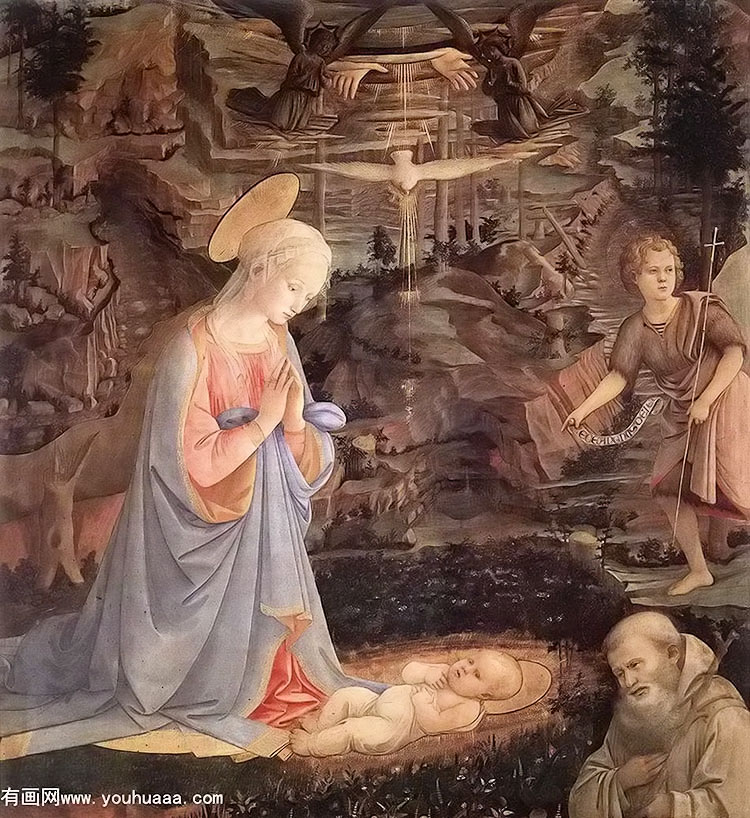 adoration of the child with saints