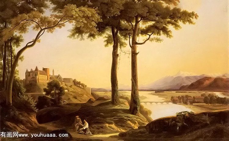 figures in an extensive river landscape with a castle beyond