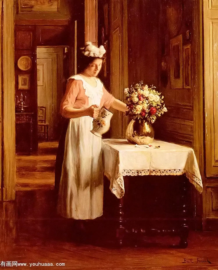 a maid watering flowers