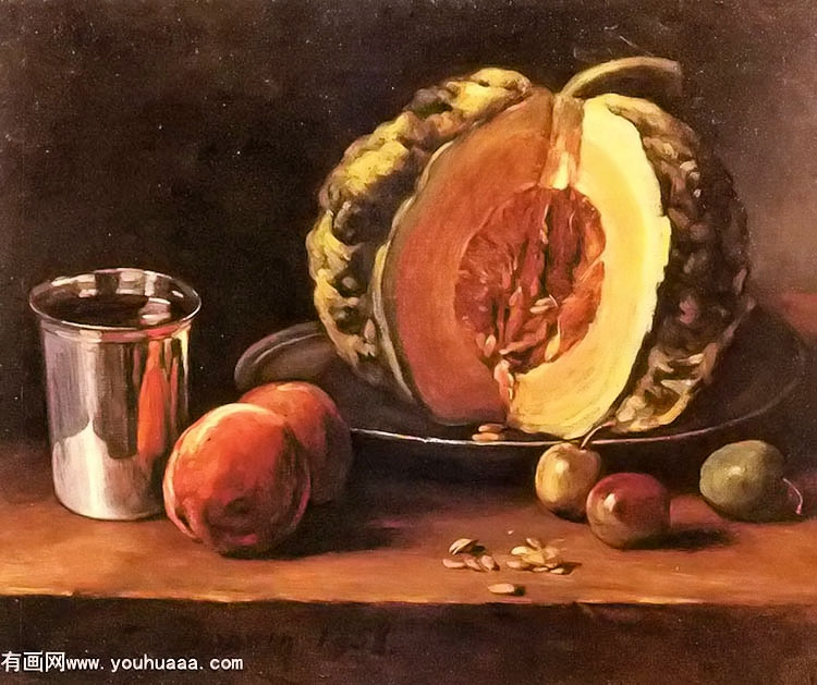 :ϹϣӺ - still life with a pumpkin, peaches and a silver goblet on a table top