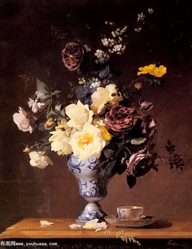 roses and other flowers in a blue and white vase and a ateacup on a ledge