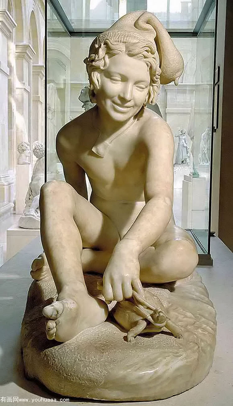 young neapolitan fisherboy playing with a tortoise