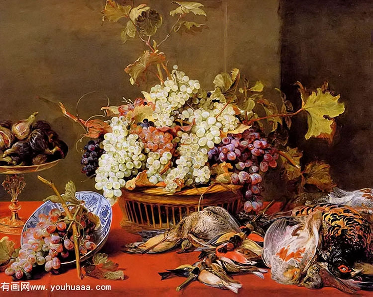 a grapes in a basket and a bunch in a wan li kraak porcelain bowl with figs in a tazza on a red draped ledge