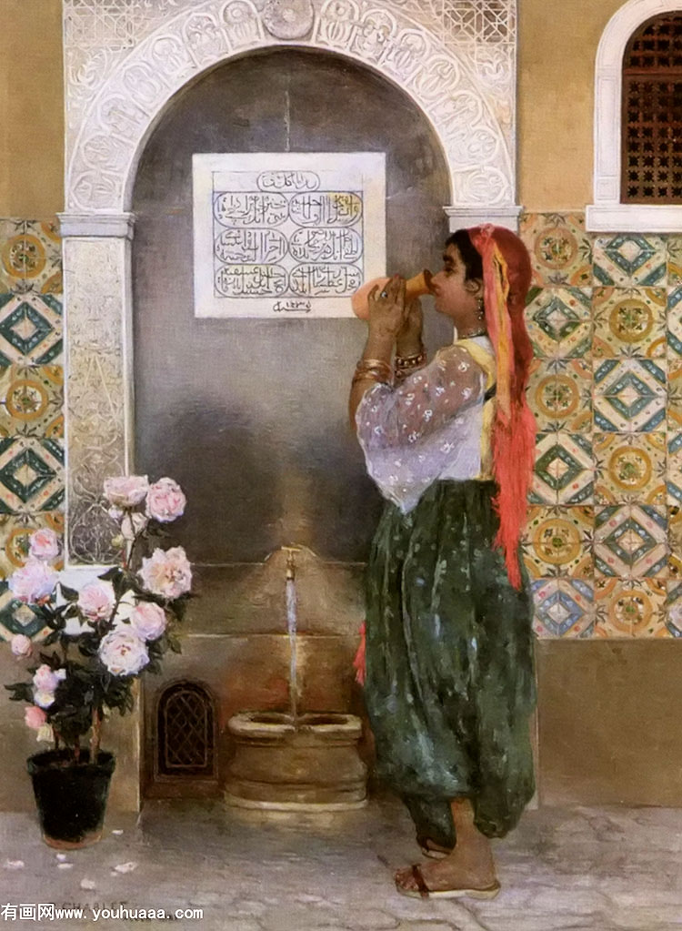 algerian girl beside a fountain