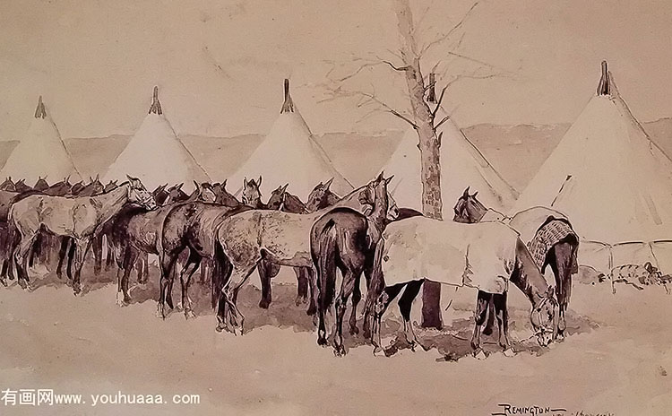 ڼӪ - a troop picket line of the sixth united states cavalry camp at rapid creek