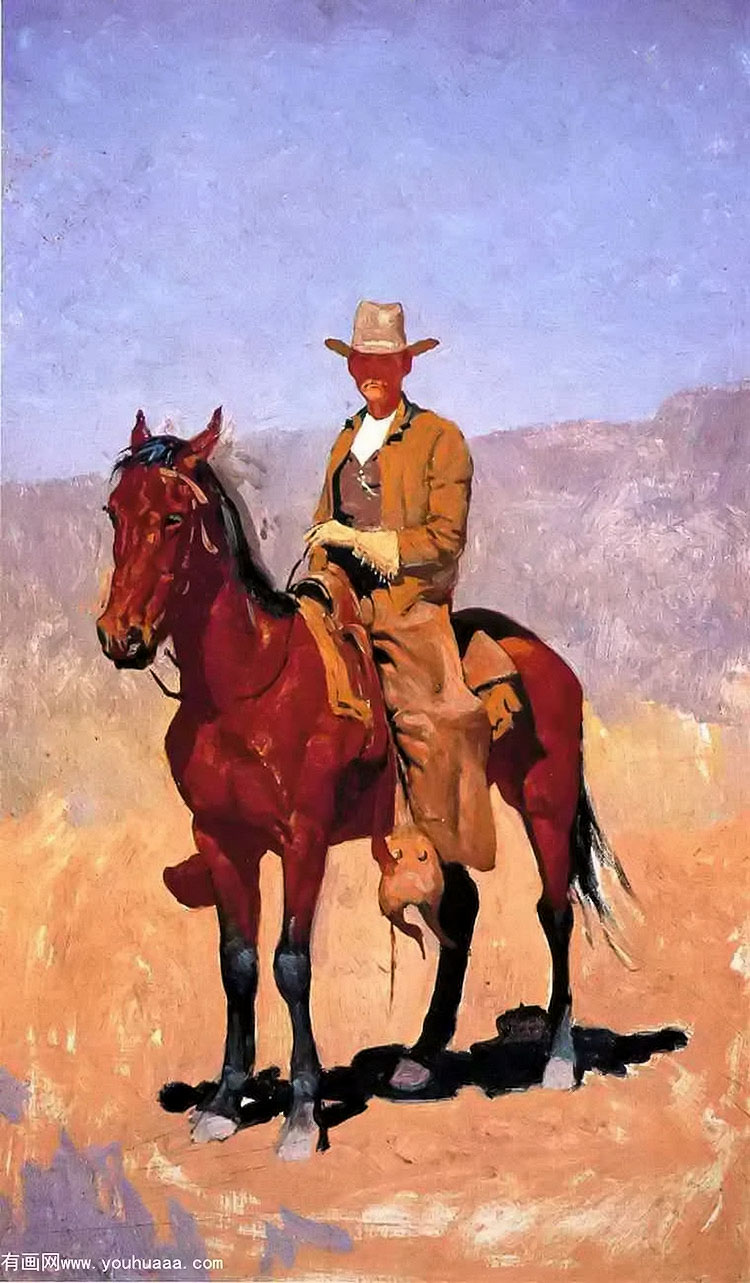 ţ - mounted cowboy in chaps with race horse