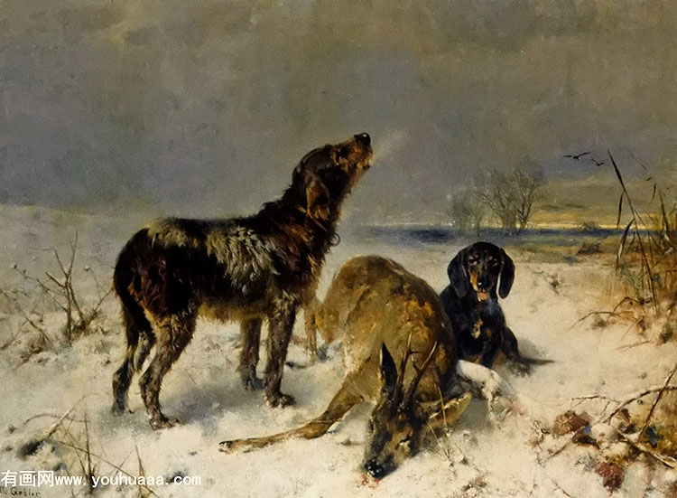 two hunting dogs with their catch