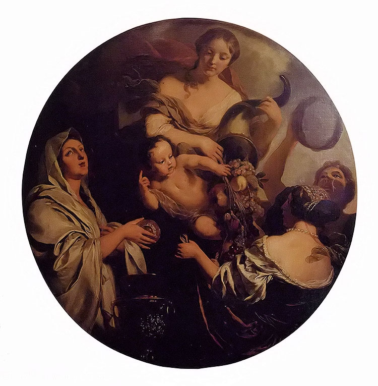 allegory with an infant surrounded by women, one with a cornucopia