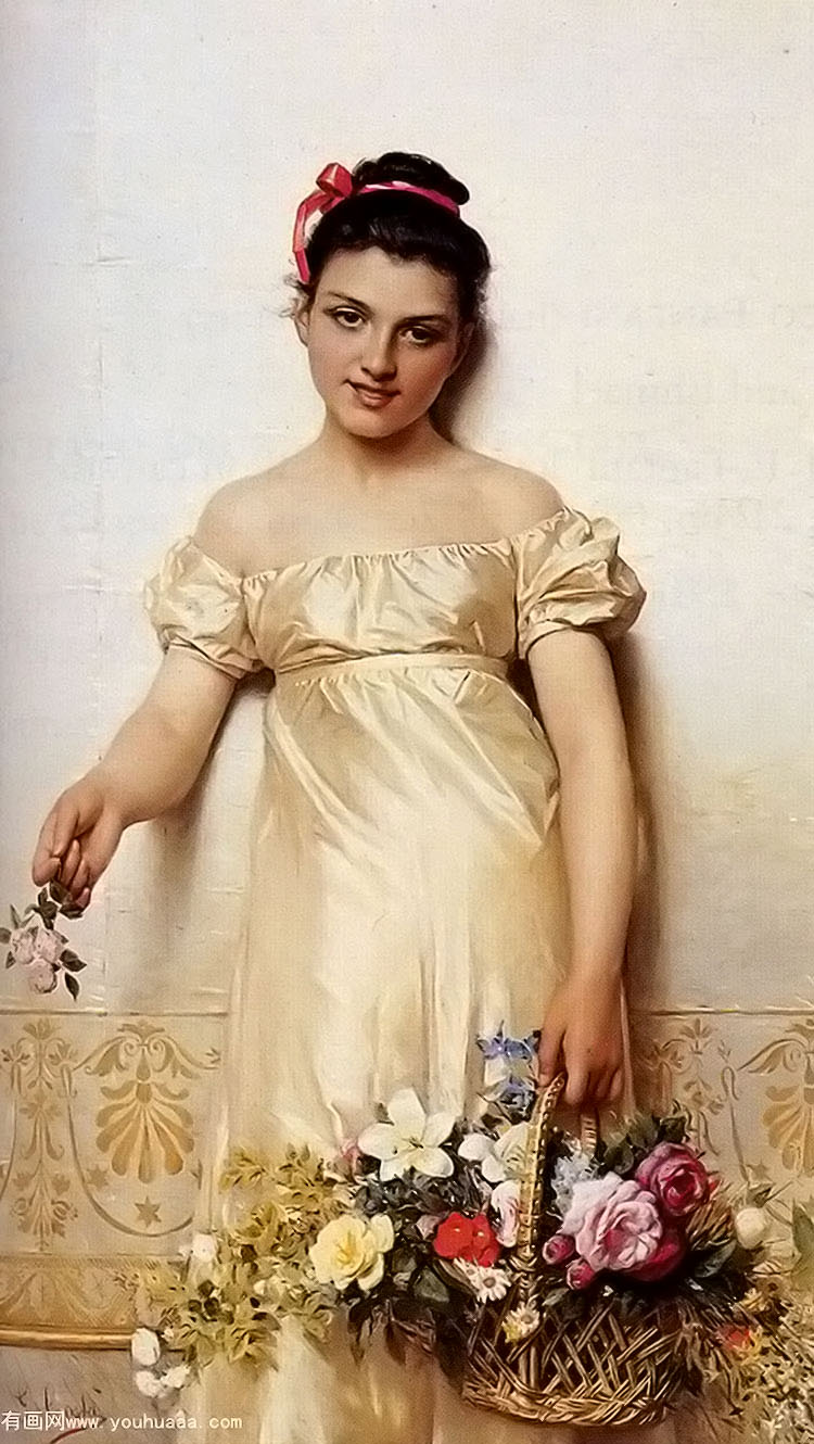 a young lady holding a basket of flowers