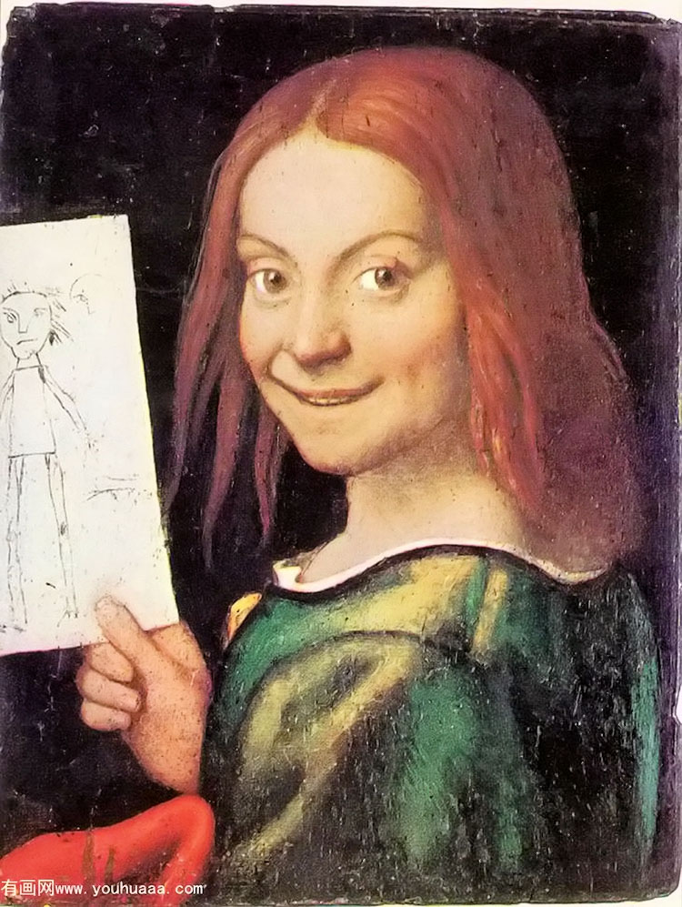 read headed youth holding a drawing