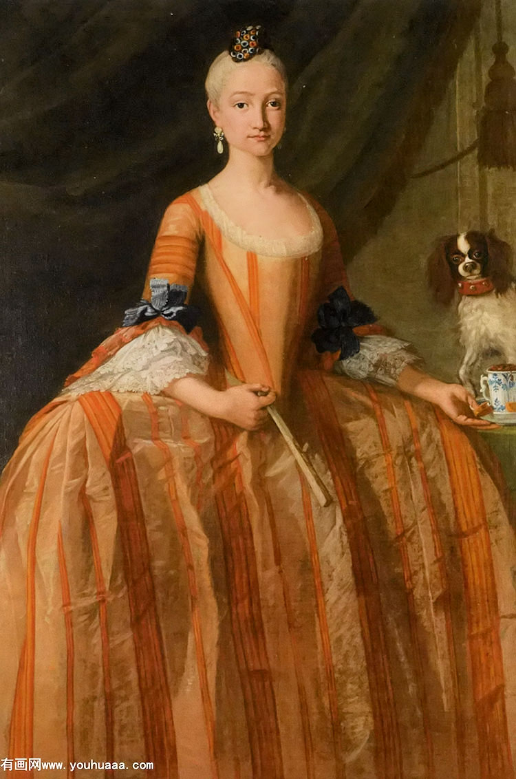 ̹ǡֱһɿһֻС - portrait of the infanta maria josefa de borbon full length with a cup of chocolate and a dog