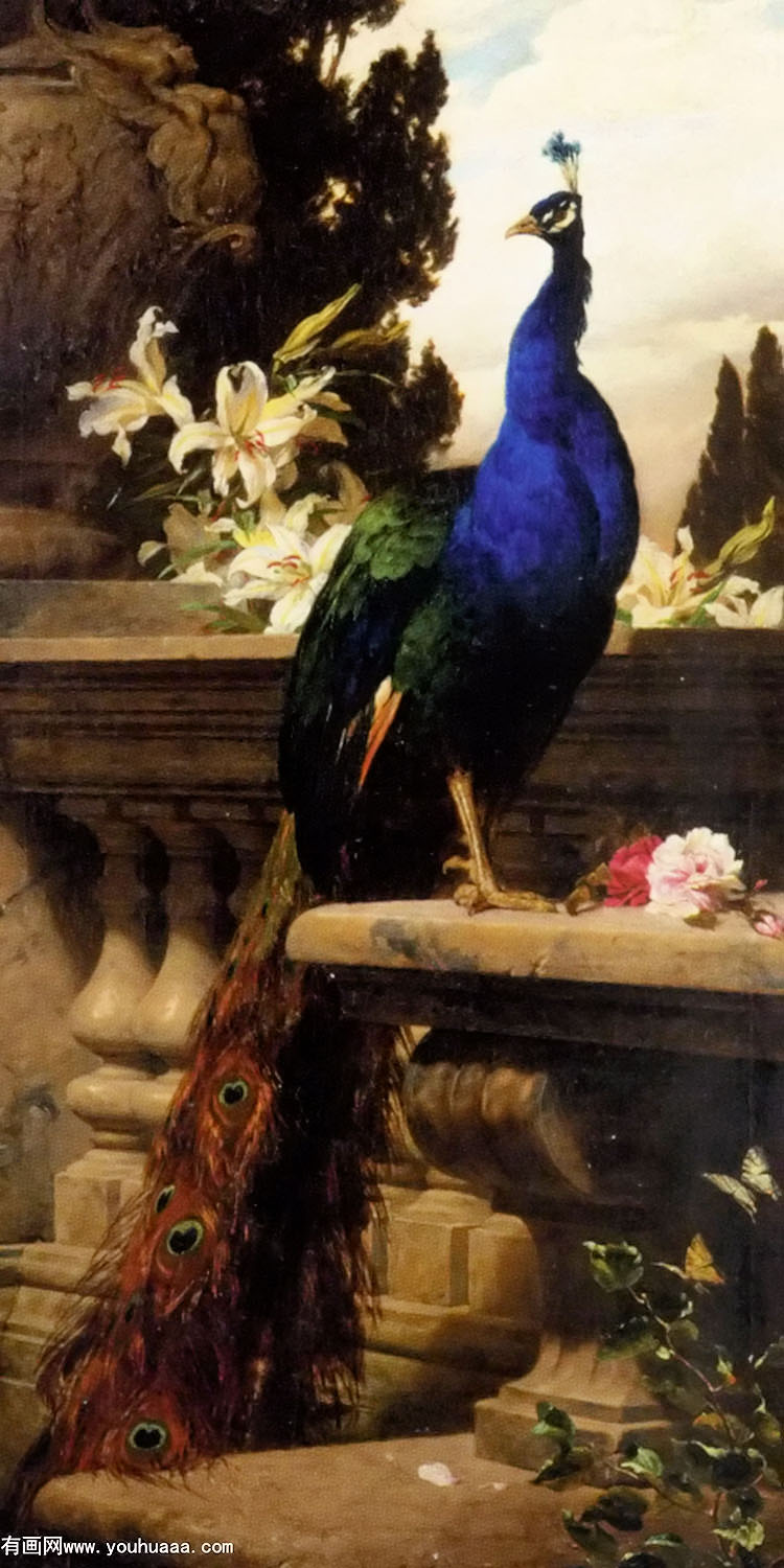 A Peacock in a classical landscape with lilies and roses