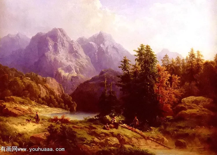 woodsman and family in an alpine landscape