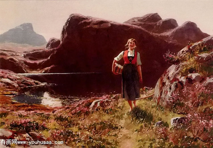 a girl on a sunlit track before a fjord