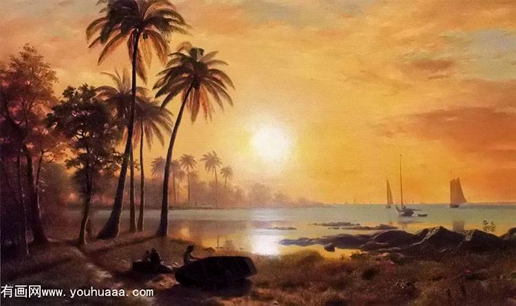 tropical landscape with fishing boats in bay