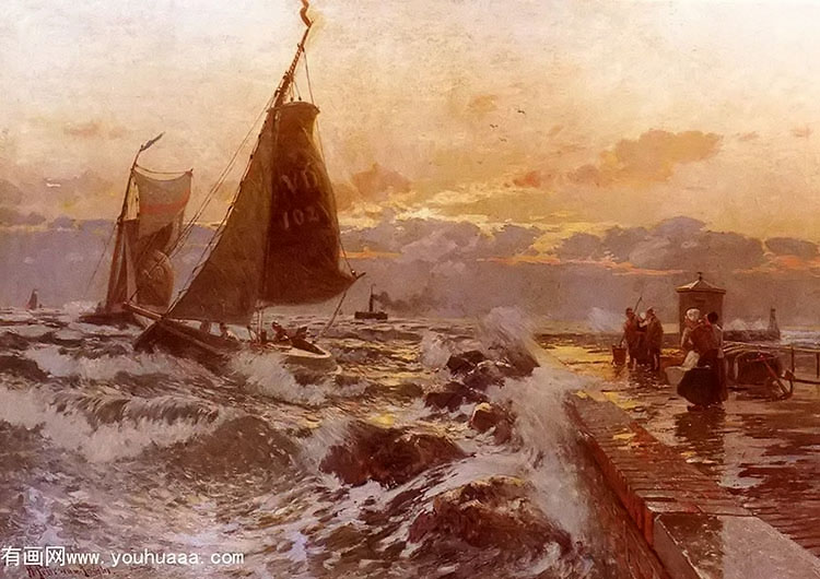 sailing ships returning in heavy seas