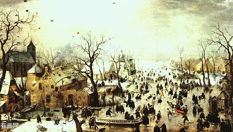 a scene on the ice near a town