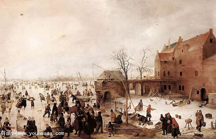 a scene on the ice near a town