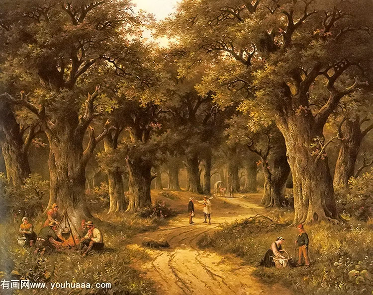 peasants preparing a meal near a wooded path