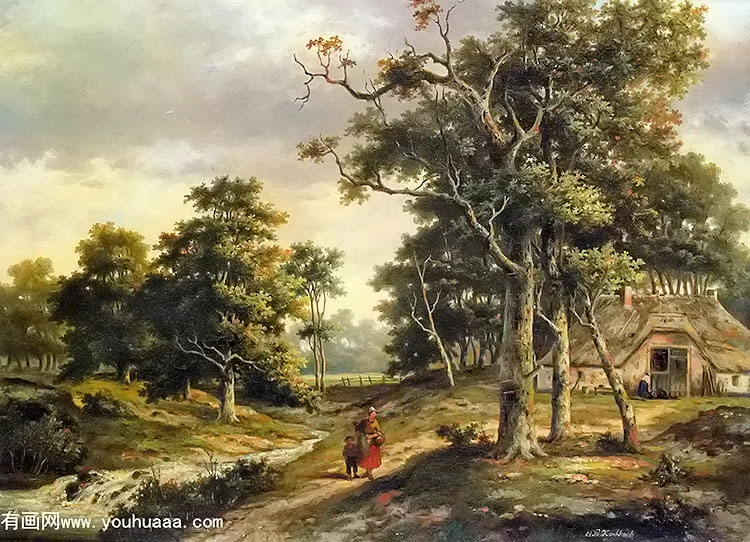 peasant woman and a boy in a wooded landscape