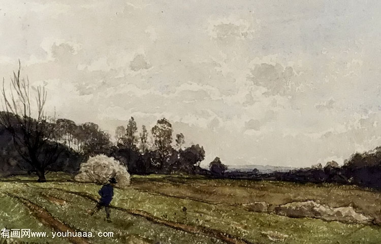 a farmer crossing a field