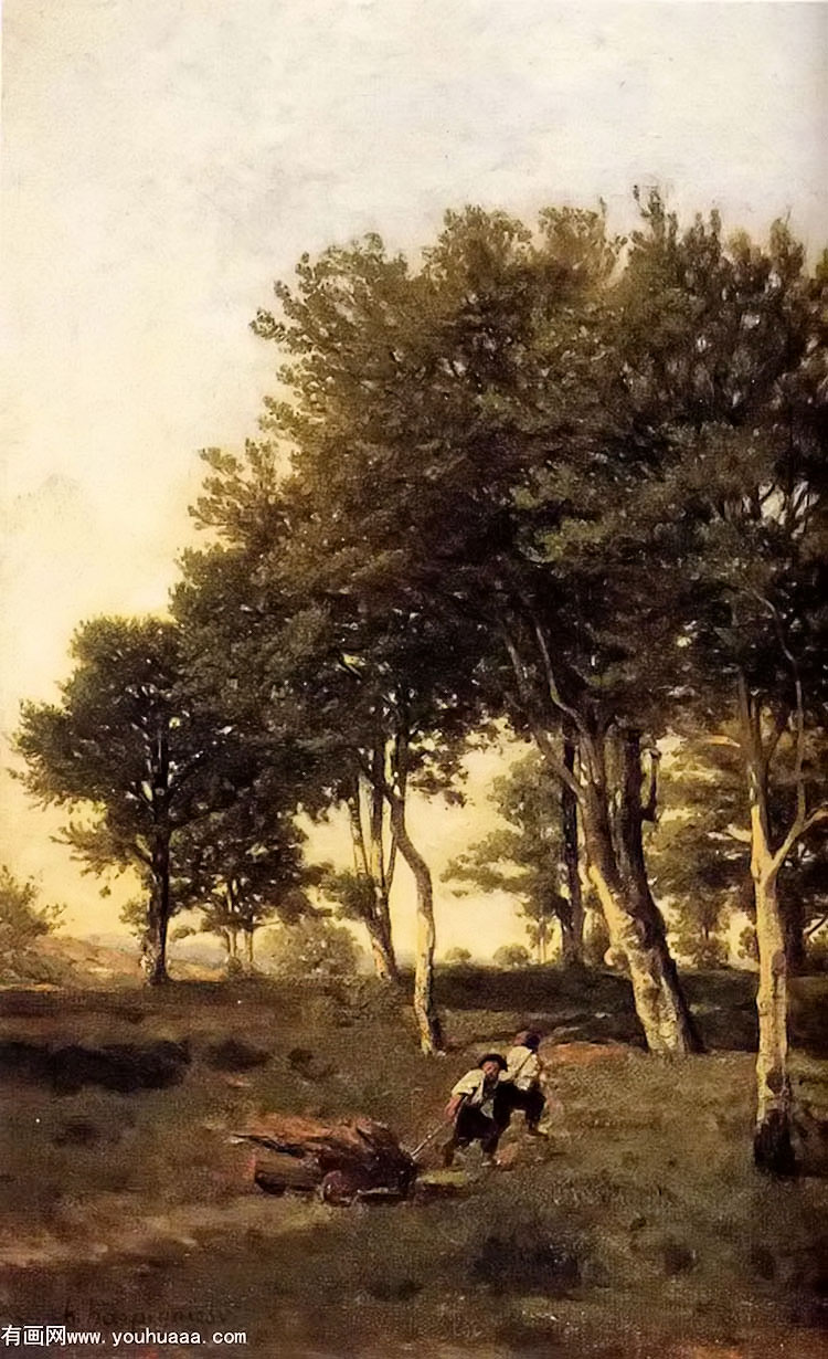 landscape with two boys carrying firewood