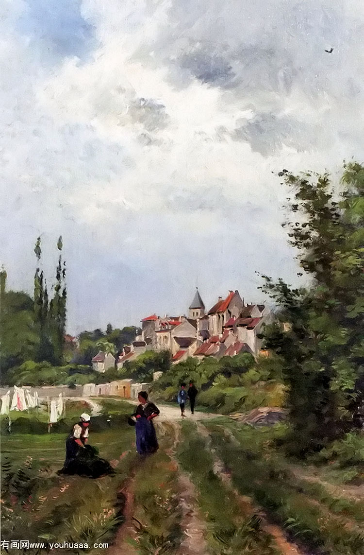 washer women on a sandy track with a village beyond