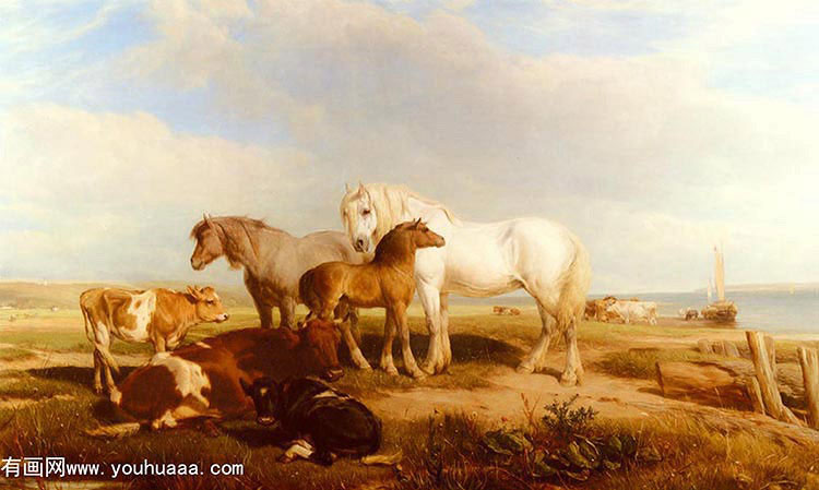 horses and cattle on the shore