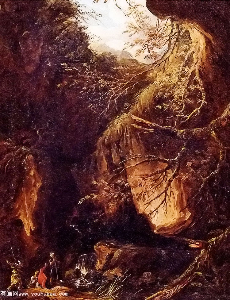 figures by a waterfall in a wooded landscape