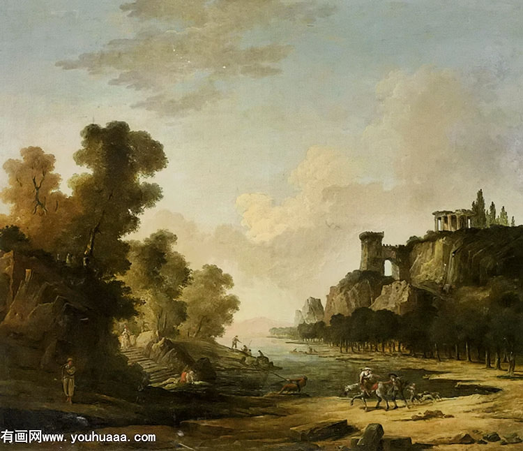 figures on the banks of a lake with classical ruins