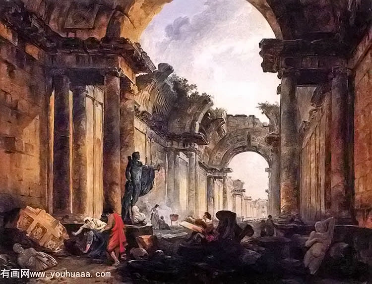 imaginary view of the grande galerie in the louvre in ruins