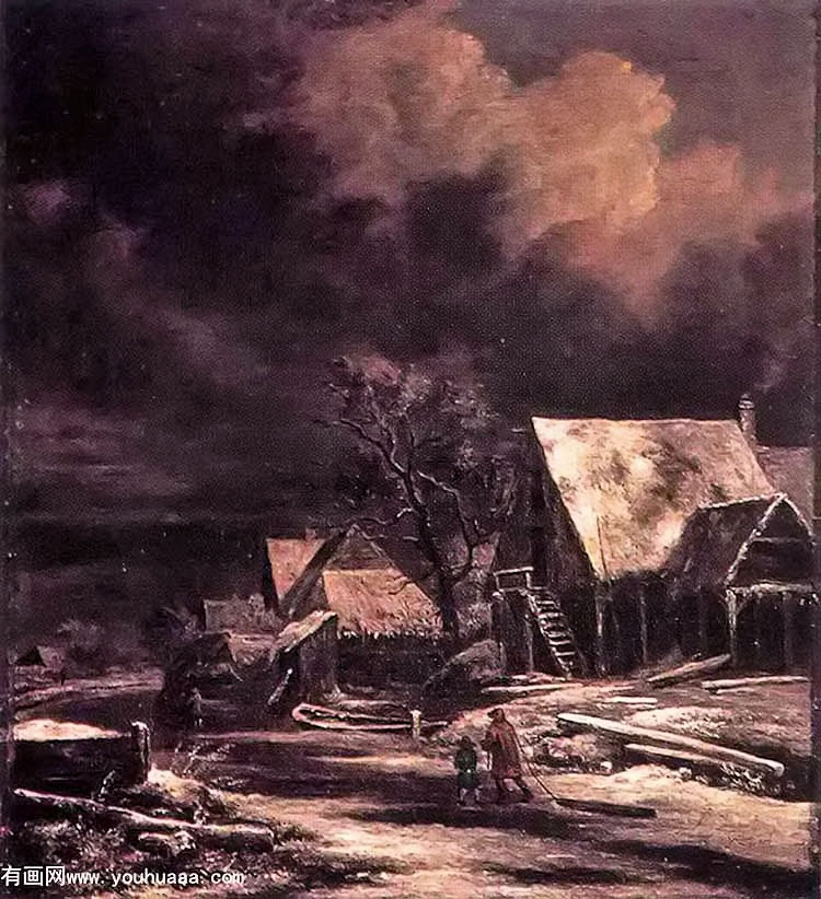 village at winter at moonlight