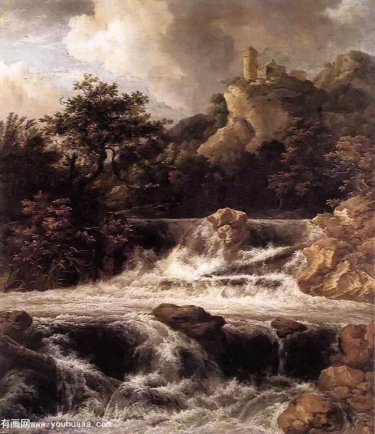 waterfall with castle built on the rock