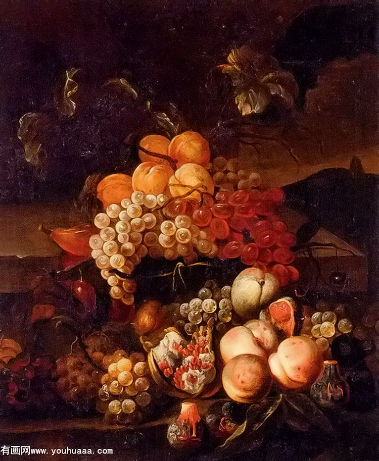 :ѣ޻ - still life of grapes, peaches, and figs with a landscape beyond