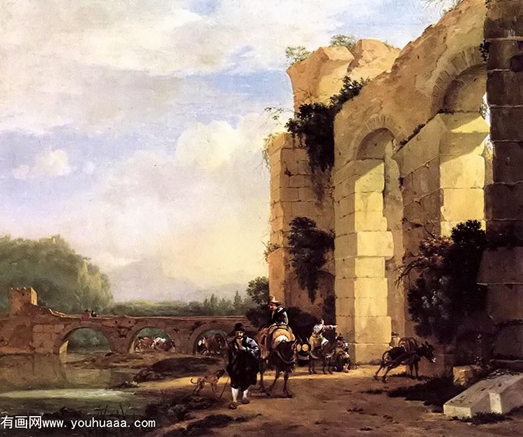 italian landscape with the ruins of a roman bridge and aqueduct