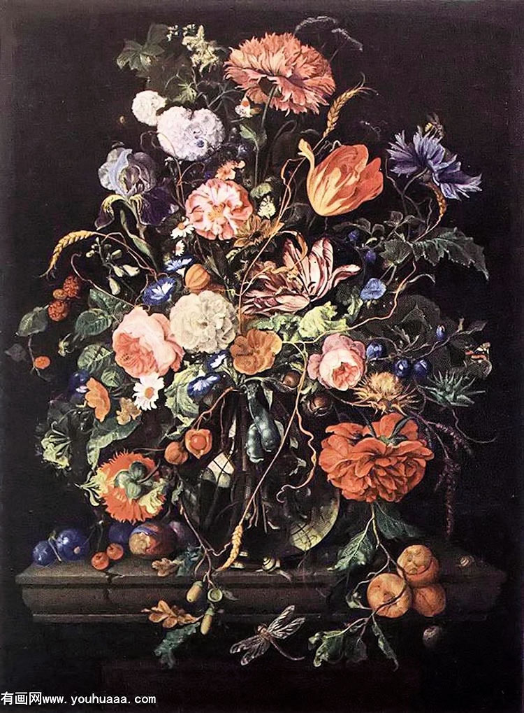 flowers in glass and fruits